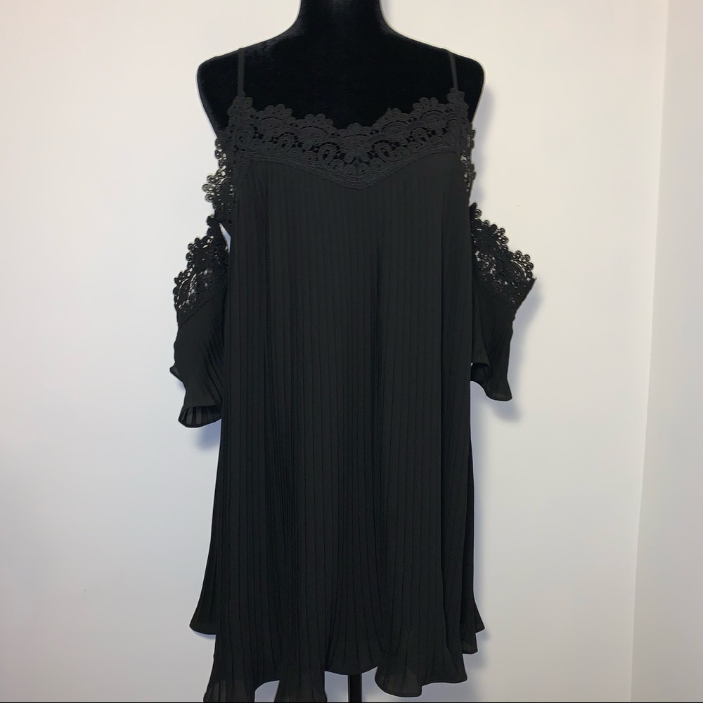 Pleated and Lace Detail Off the Shoulder Blouse with Accent Cuffs